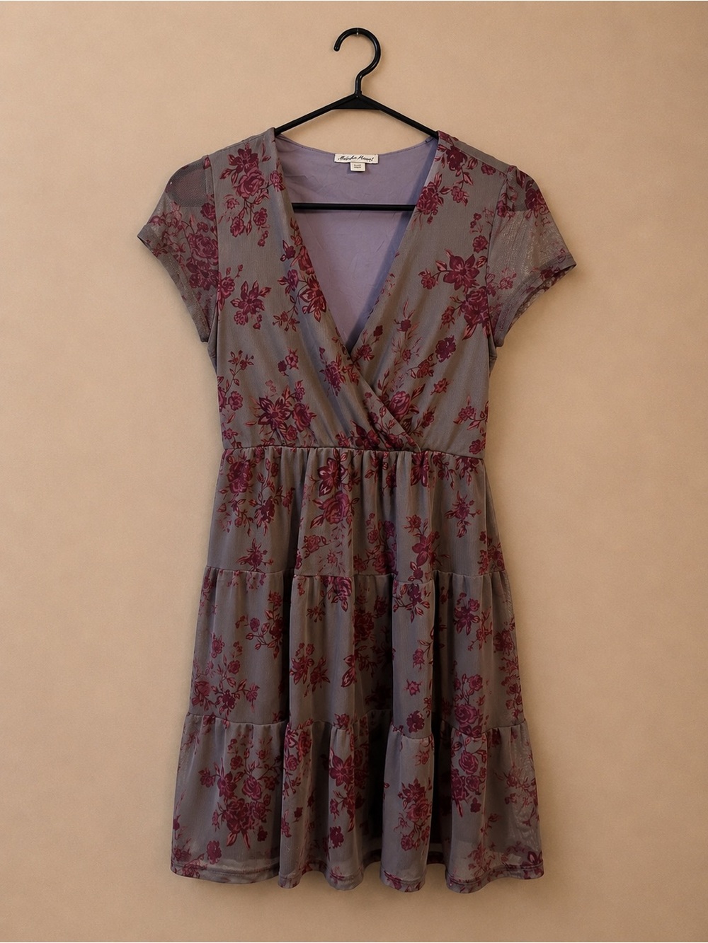 Derek Heart Gray Short-Sleeve Wrap Dress with Burgundy Floral Print